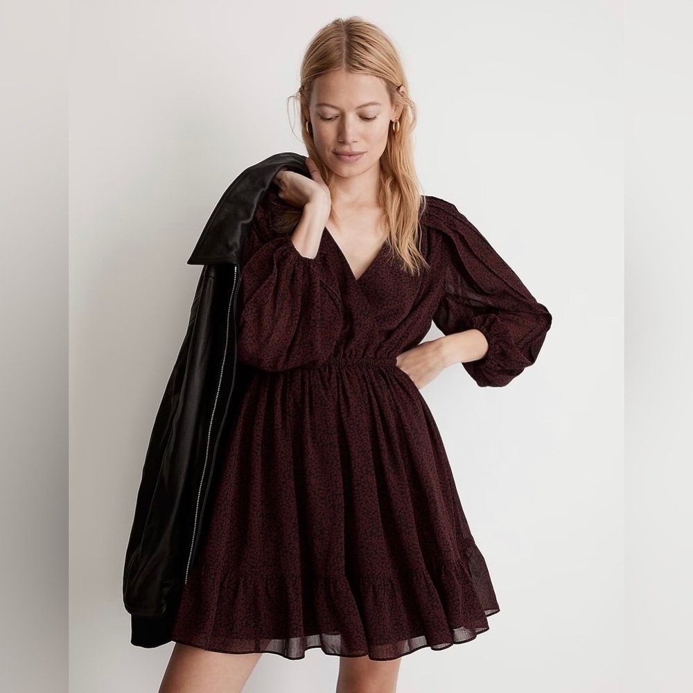 Madewell (Re)sourced Georgette Faux-Wrap Mini Dress SMALL Cabernet